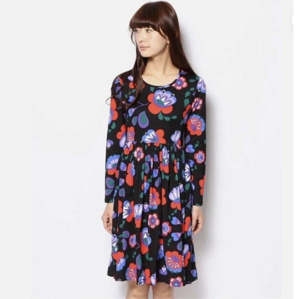 Marimekko Mollamaija Floral Dress XS Long Sleeve Pockets Cotton Gatherin…